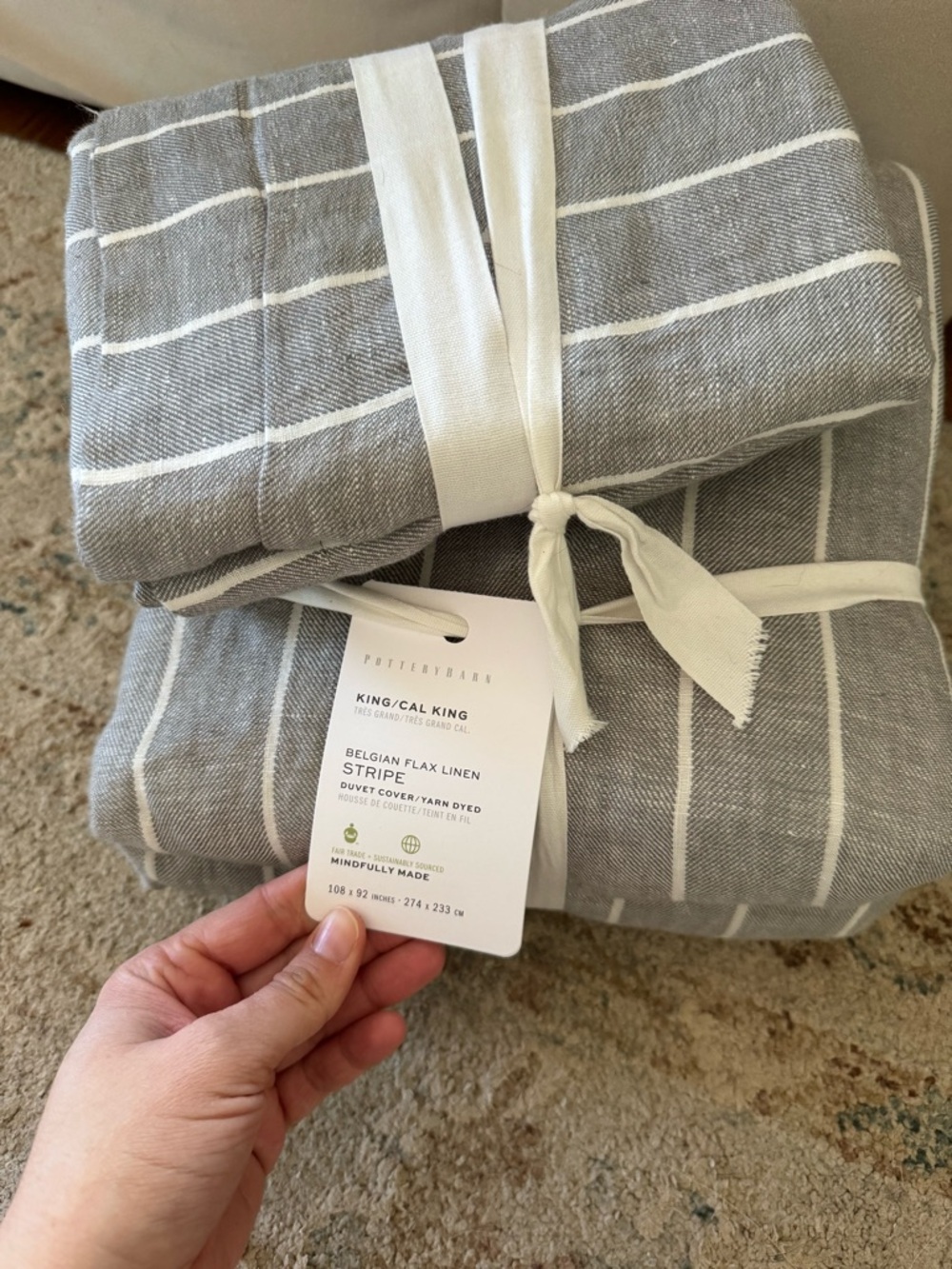 Pottery Barn Belgian Flax Linen Stripe Duvet Cover - White & Gray